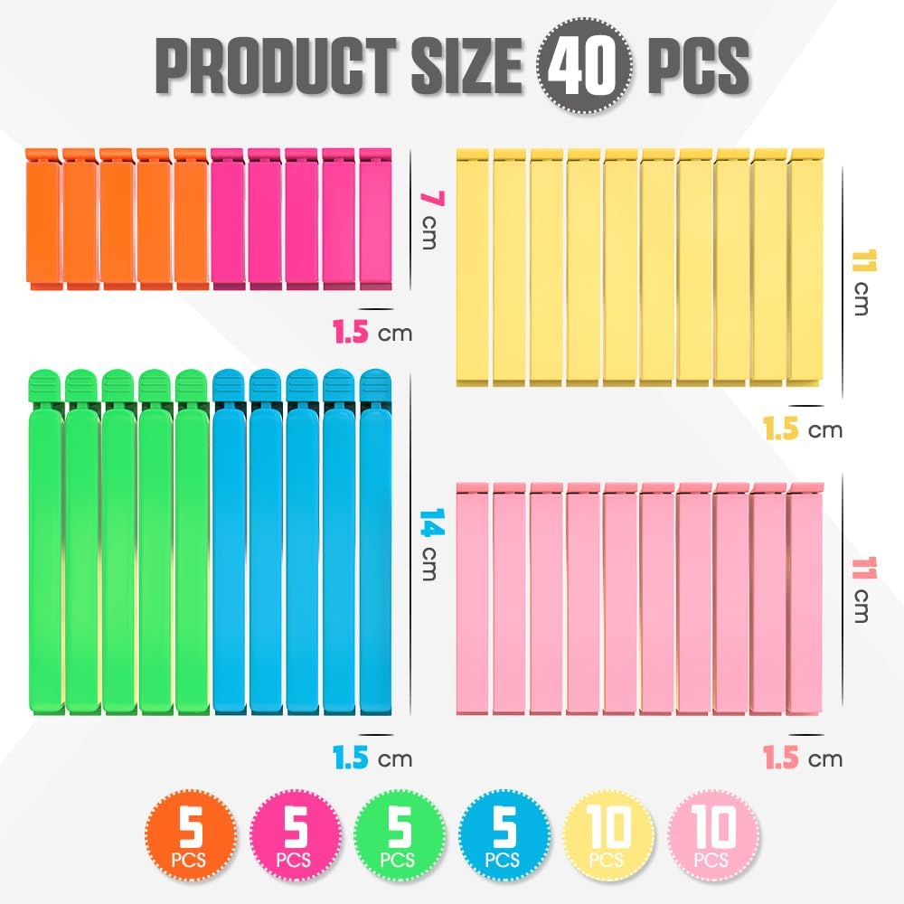 40 PCS Food Bag Clips, Color Mixing Chip Bag Clips in 3 Sizes, Kitchen Sealing Clips with Curved Design, Plastic Bag Clips for Food, Chip, Snack,