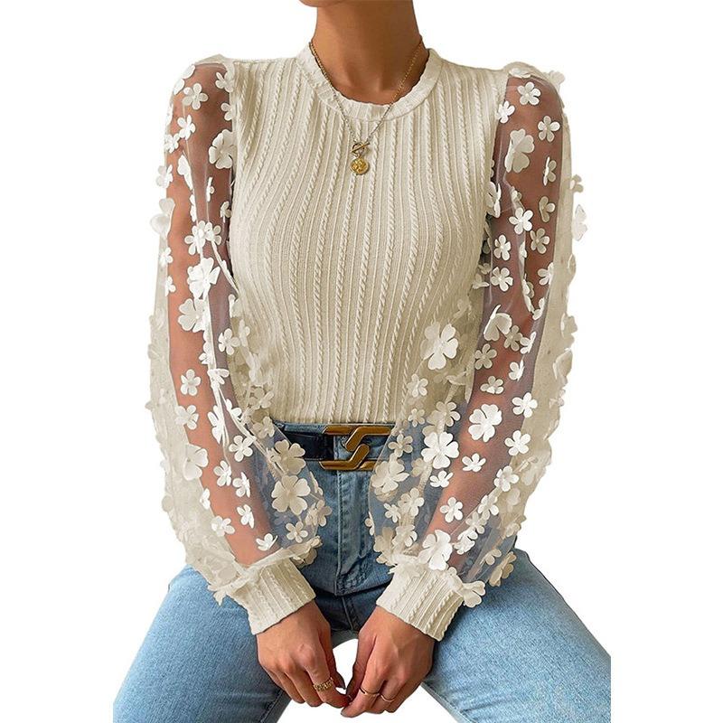 Mesh Small Flower Chiffon Shirt for Women In Spring Summer Round Neck for Slimming Pullover Long Sleeved Top