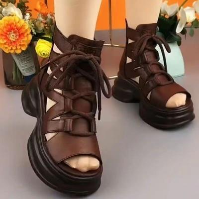 Модные ретро полые летние сандалии с открытым носком на шнуровке плоские высокие сандалии женские повседневные римские туфли