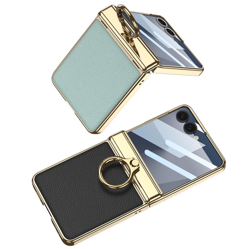 GKK For Samsung Galaxy Z Flip7 5G Kickstand Case Electroplating Magnetic Hinge Protection PU PC Tempered Glass Phone Cover