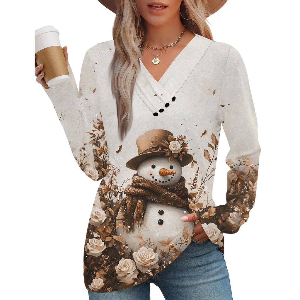 Women's Fashion Casual V-neck Pleated Christmas Long Sleeve Top