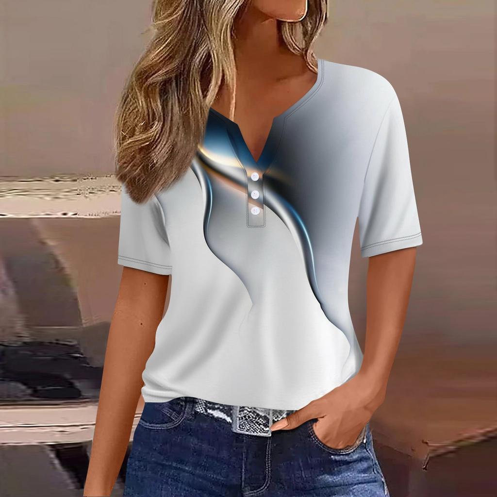 Women's T Shirt Tee Print Button Short Sleeve Daily Weekend Fashion Basic V- Neck Regular Top