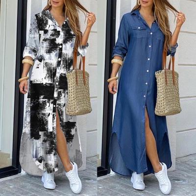 Женское платье макси с длинным рукавом и V-образным вырезом на пуговицах. Длинное платье с цветочным принтом.