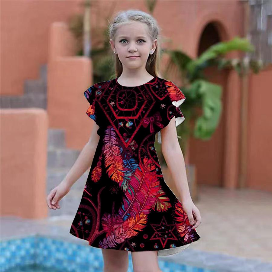 Girls Blue Shiny Feather Print Dresses Kids Girl Party Dress Loose Fitting Loose Fitting Short Sleeved Skirt For Girls Over Four Years Old