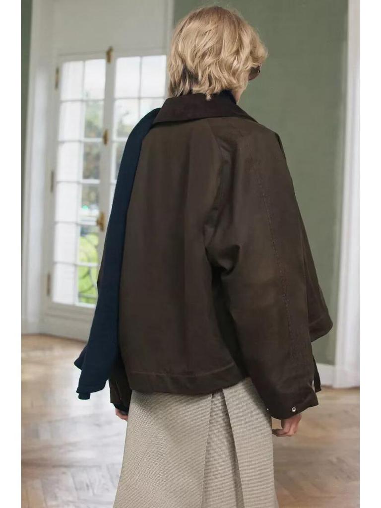 Женская ретро куртка из вощеной кожи с вельветовым воротником 2025 - Европейский и американский повседневный стиль