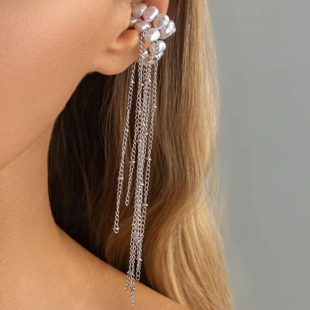 Ingemark 2Pcs Boho Round Imitation Pearl Earrings Women Elegant Exquisite Silver Color Tassel No Piercing Ear Clip New Jewelry