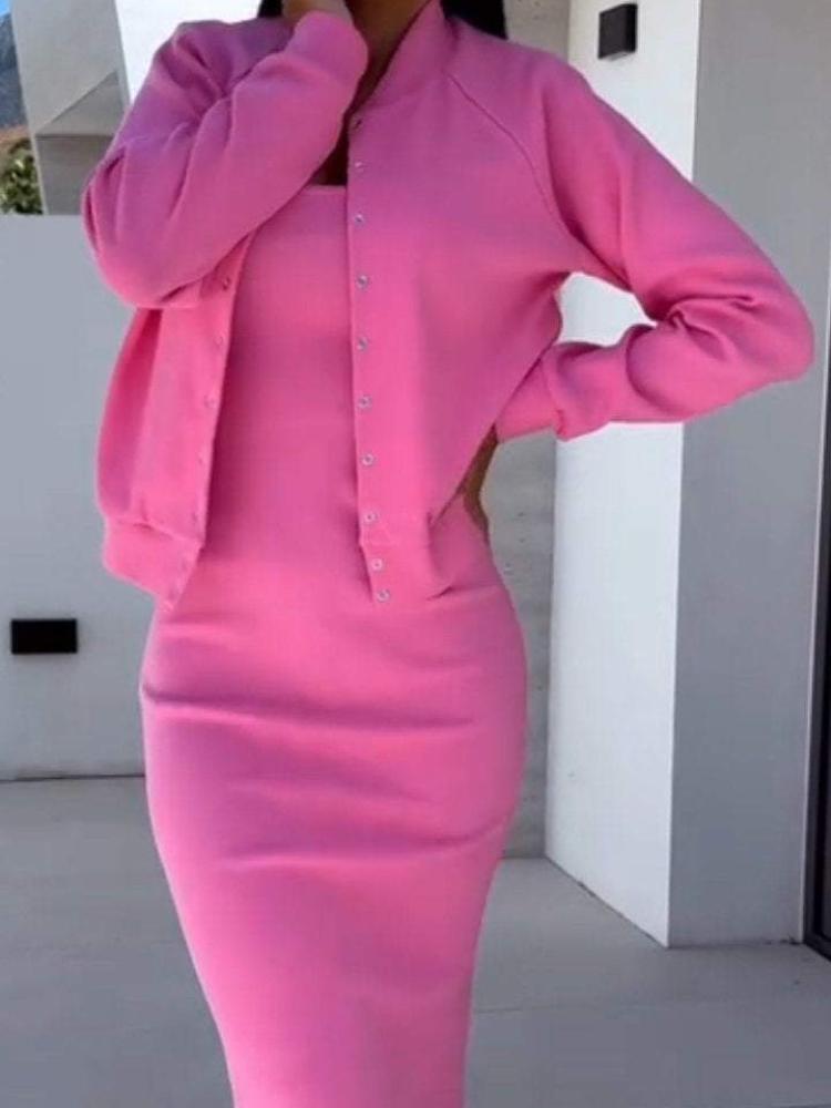 Женский костюм-двойка, облегающее платье с кардиганом с длинным рукавом, набор в нескольких цветах