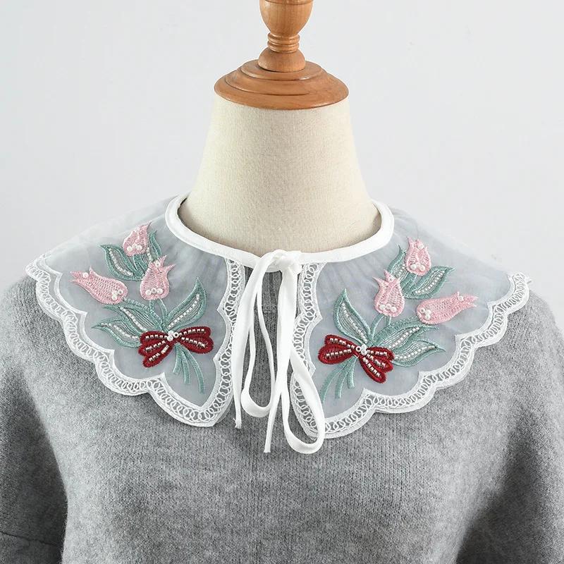 Милый цветочный вышитый воротник-подделка для женской рубашки, платья, свитера, съемный воротник, женские банты, шейный платок, маленькая накидка