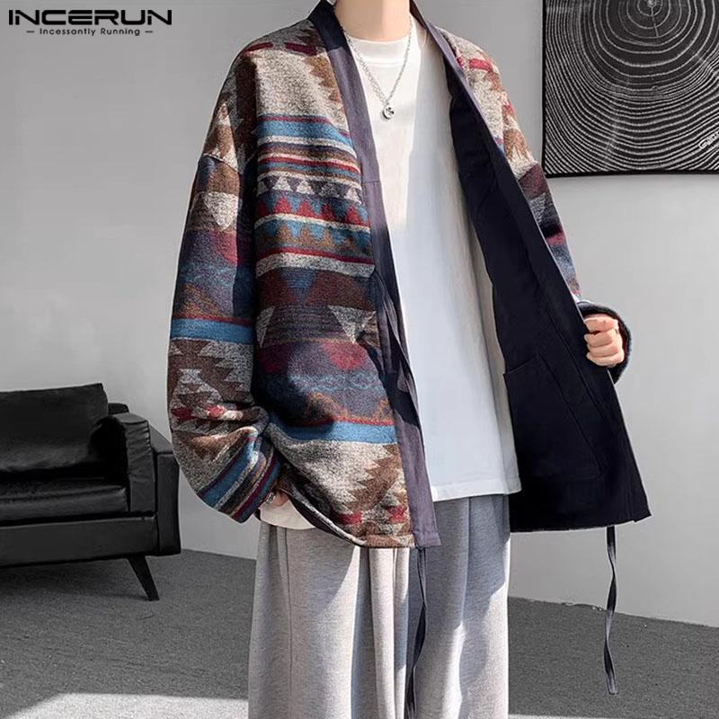 INCERUN Винтажный мужской длинный рукав цветочный принт бандажный кимоно кардиган