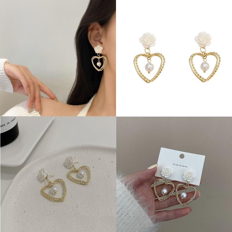 Серьги-гвоздики Love Pearl для женщин, свежие, сладкие, цветочные серьги-гвоздики, темпераментные серьги Love Heart Pearl
