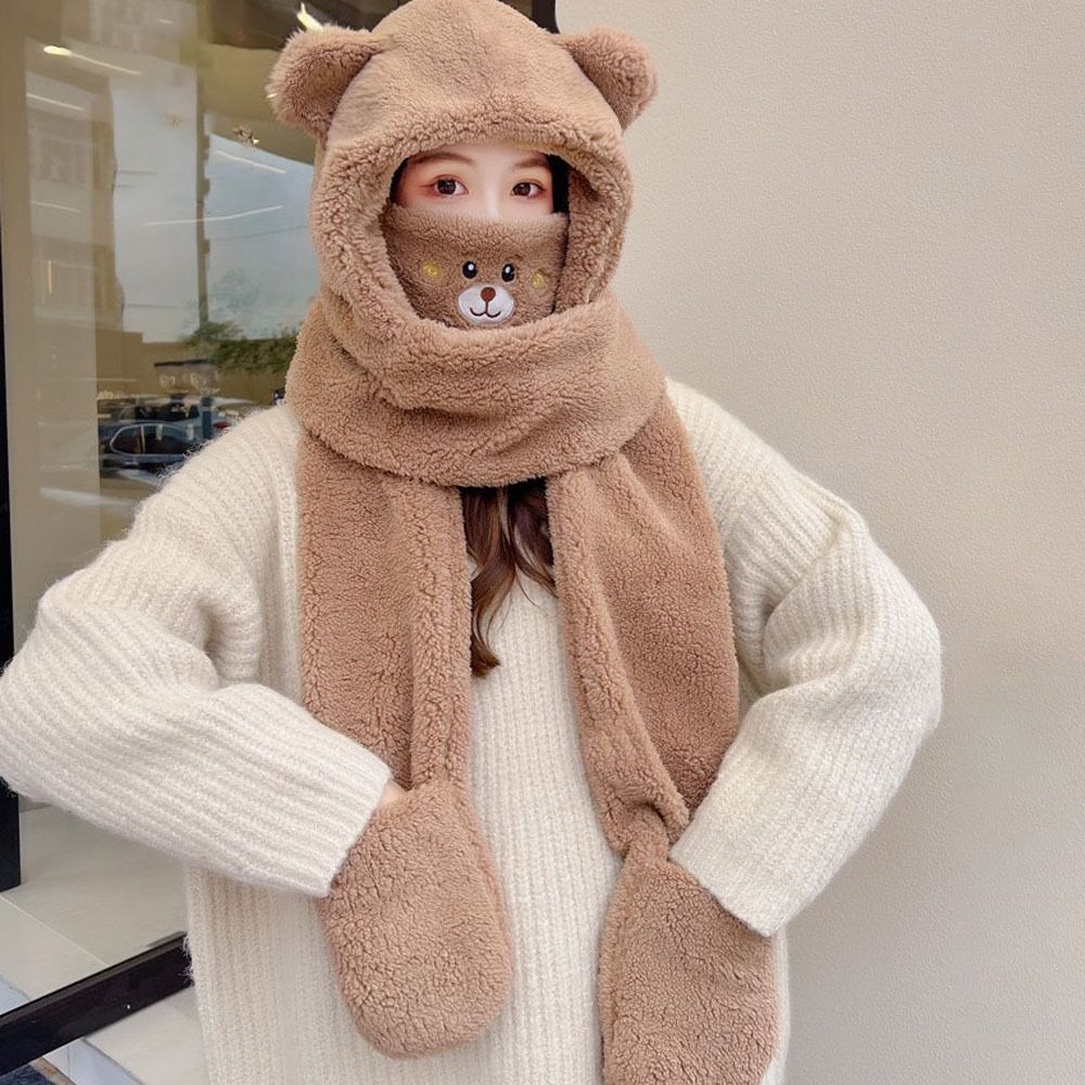 Winter Warm Women Beanies Caps Cute Bear Ear Integrated Cap Scarf Ear Protection Caps  Cycling