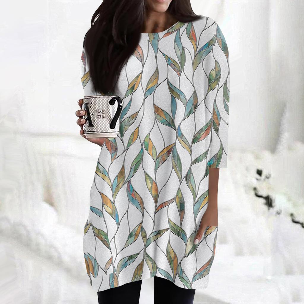 Женские повседневные рубашки с рукавами 3/4, модные туники с принтом, топы с карманами