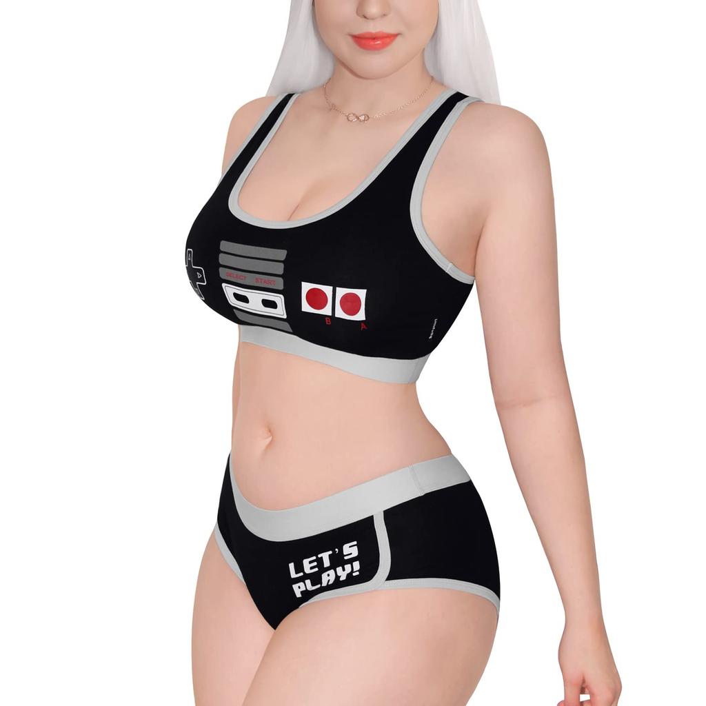 LittleForBig Комплект бралетт Хлопковая майка и Размер 3XL Женский 2 предмета (Девушка-геймер) Трусики, Черные,