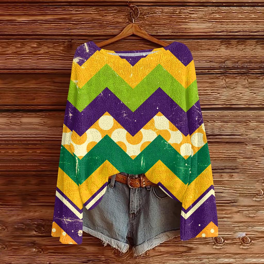 Women's Casual Fashion Round Neck Top Carnival Print Long Sleeve Knit Pullover