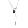 S925 Sterling Silver Necklace Sweet Cool Girl Black Diamond Square Tassel Splicing Pull Clavicle Chain Necklace Black Square Brand Necklace