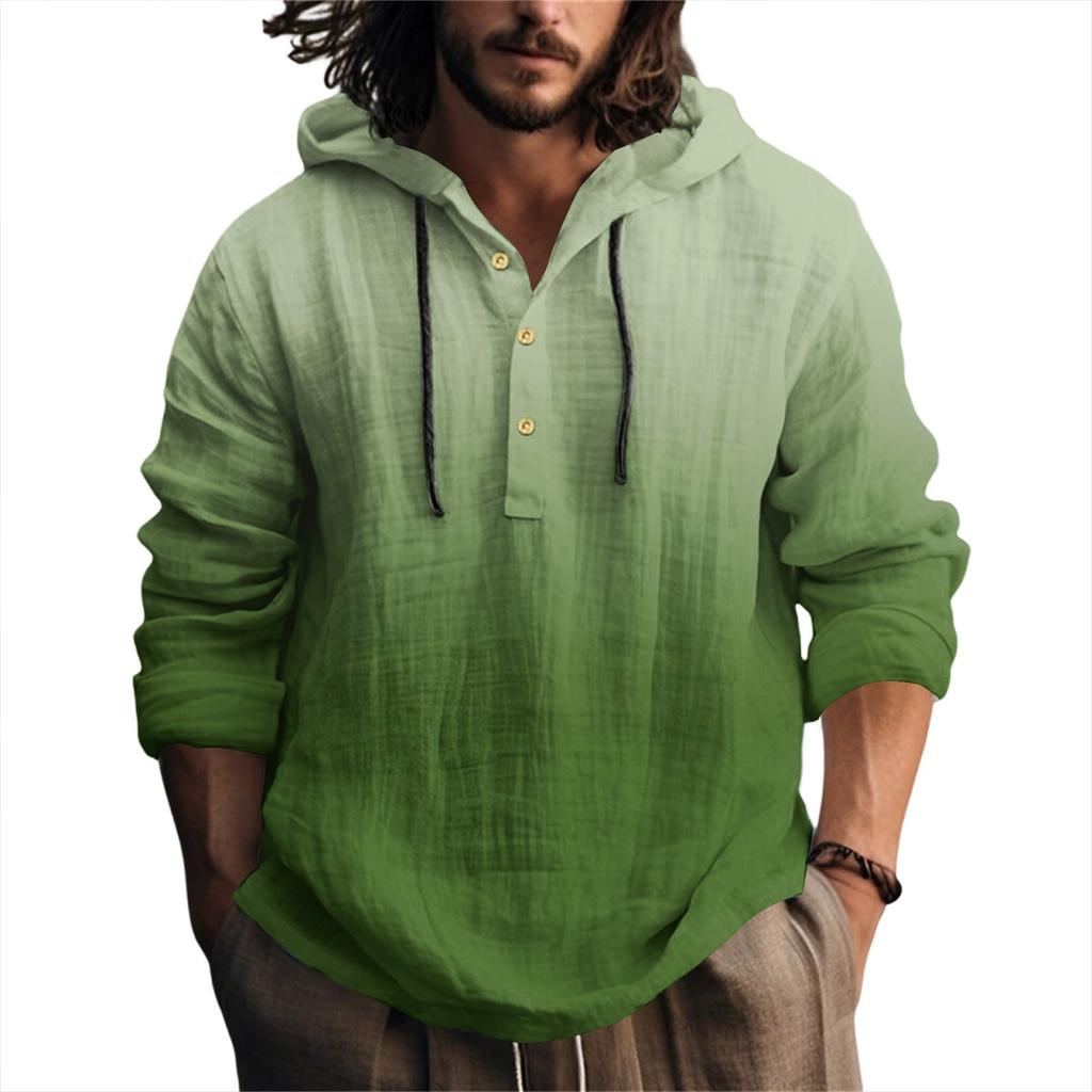 Printed Men's Cotton And Linen Shirt Hooded Long-sleeved Hooded Spring And Summer Casual Daily Wear
