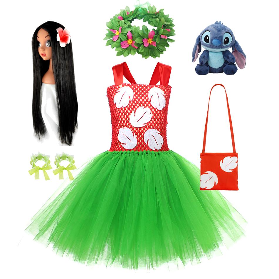 Halloween Costume for Girls Chirdren Summer Red and Green Floral Hawaiian Party Dress with Wreath Outfit for Halloween