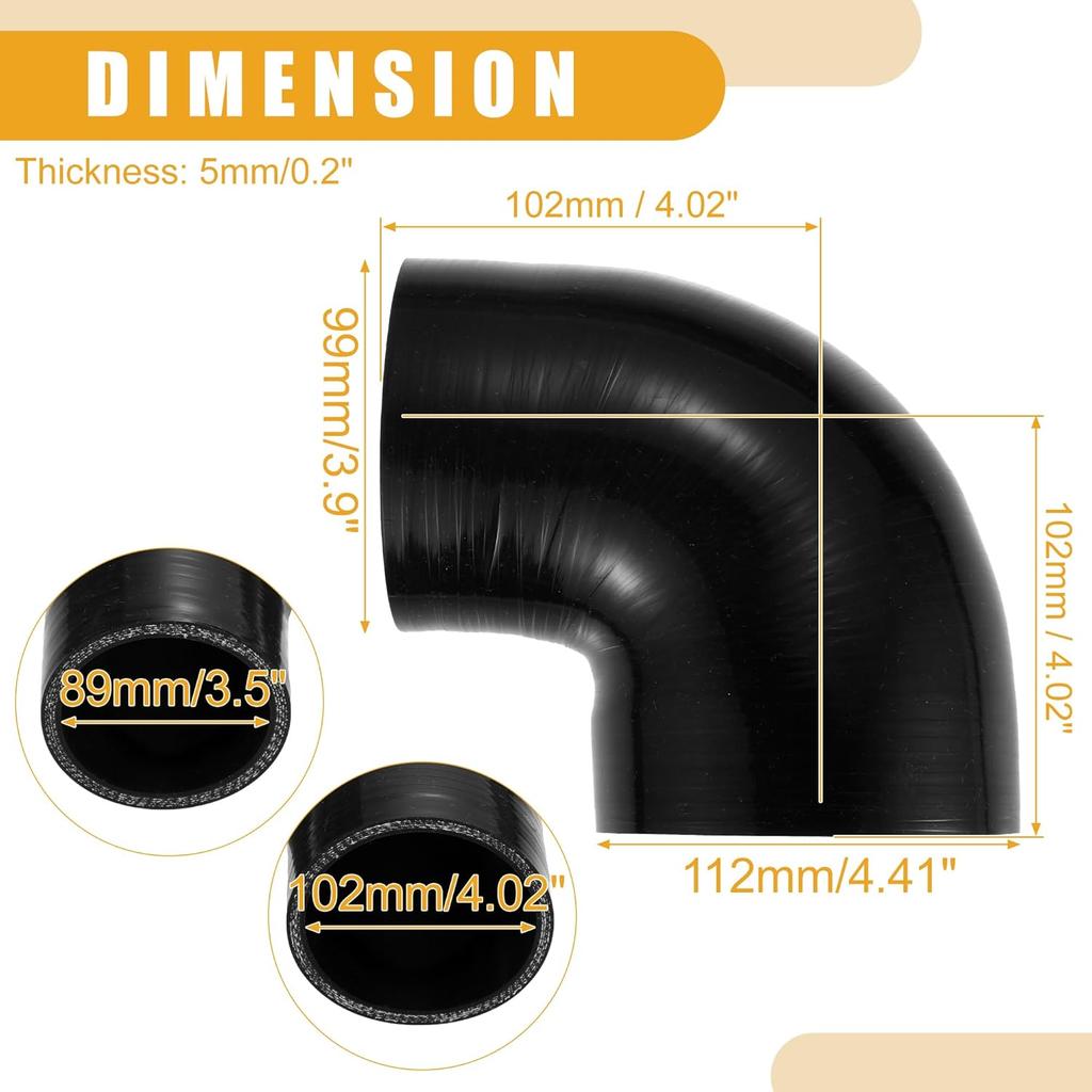 1 Pc 3.5" ID to 4.02" ID Universal 90 Degree Elbow Silicone Hose Coupler - Car Turbo Intercooler Intake Piping Hose - Silicone Black