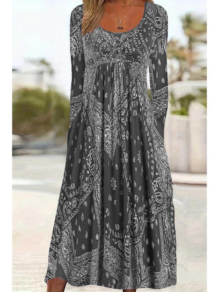 2025 Трансграничное европейско-американское осеннее цветочное платье макси с длинным рукавом