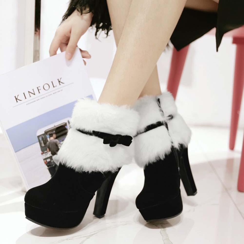 Новые замшевые модные ботинки на высоком каблуке с мехом, бантом и боковой молнией, водонепроницаемые короткие ботинки на платформе для женщин