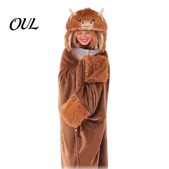 Lightweight Velvet Gown Animal Wearable Blanket Hoodie for Women, Oversized Flannel Sweatshirt Soft Loungewear Blanket, Button-Up Cosplay Cape