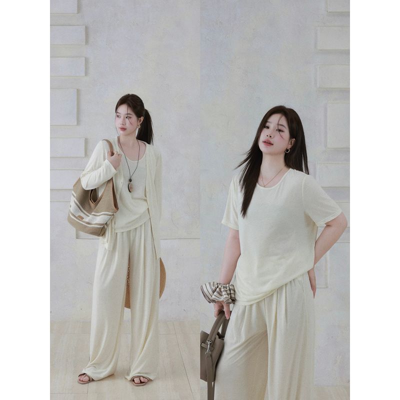 Plus-Size Women's Clothing for Slightly Chubby Girls, Casual Style Linen Vest, Cardigan, T-Shirt, and Pants Three-Piece Set
