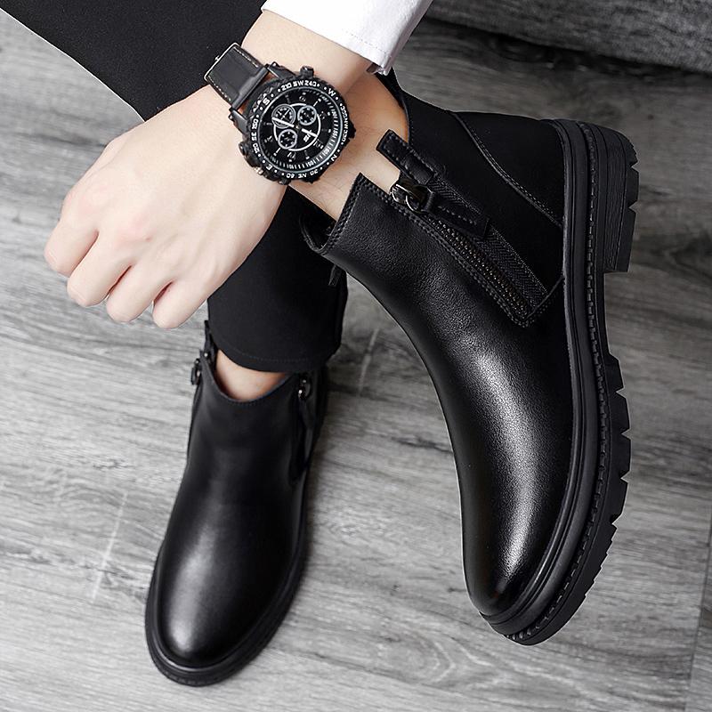 Модные мужские мотоботы с боковой молнией, ручной работы, мужские кроссовки, мужские зимние плюшевые сноубутсы из натуральной кожи, мужская повседневная обувь с высоким верхом