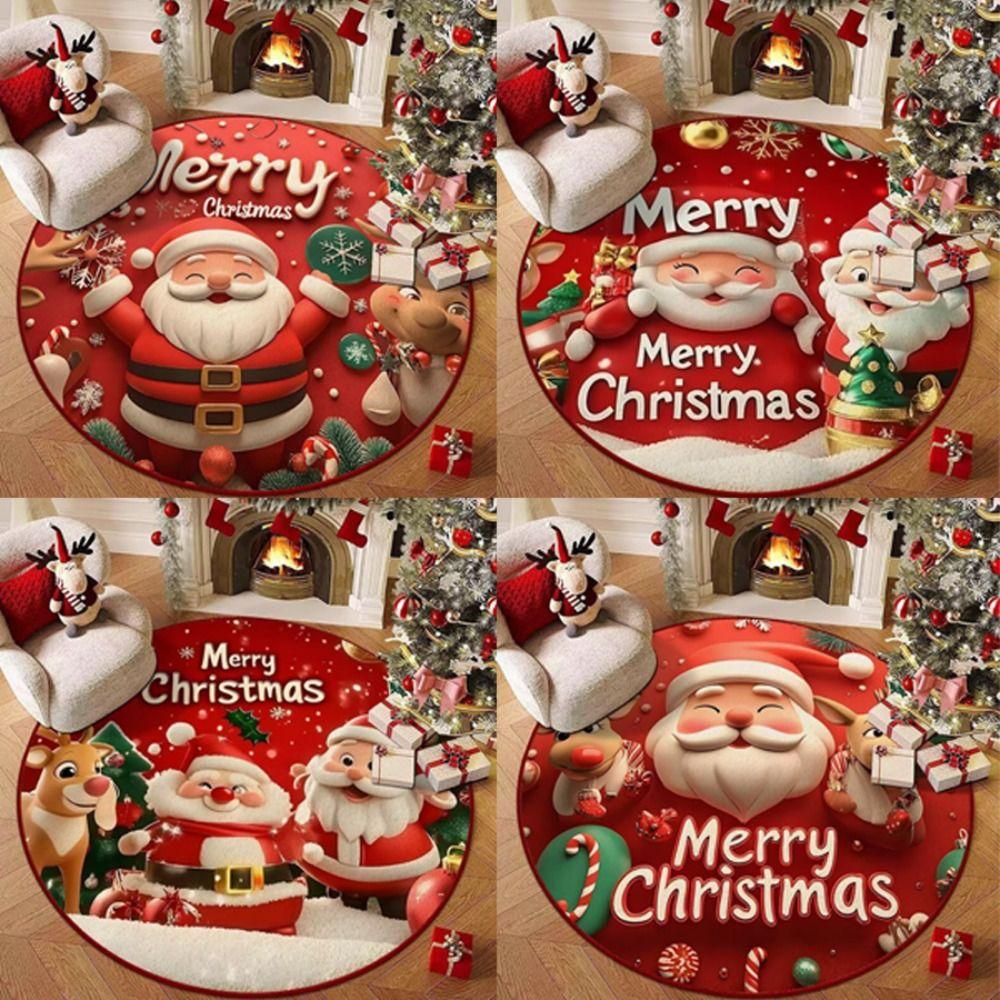 Santa Claus Polyester Christmas Round Mat Snowflake Print Snowman Cartoon Round Rug Anti-Slip Round Carpet Home Decor