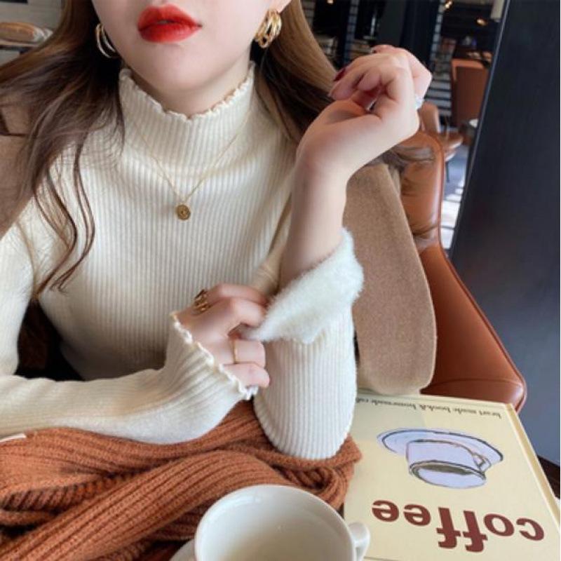 Женский зимний вязаный топ с флисовой подкладкой, полувысоким воротником, эластичной облегающей посадкой, утолщенный теплый свитер с оборкой