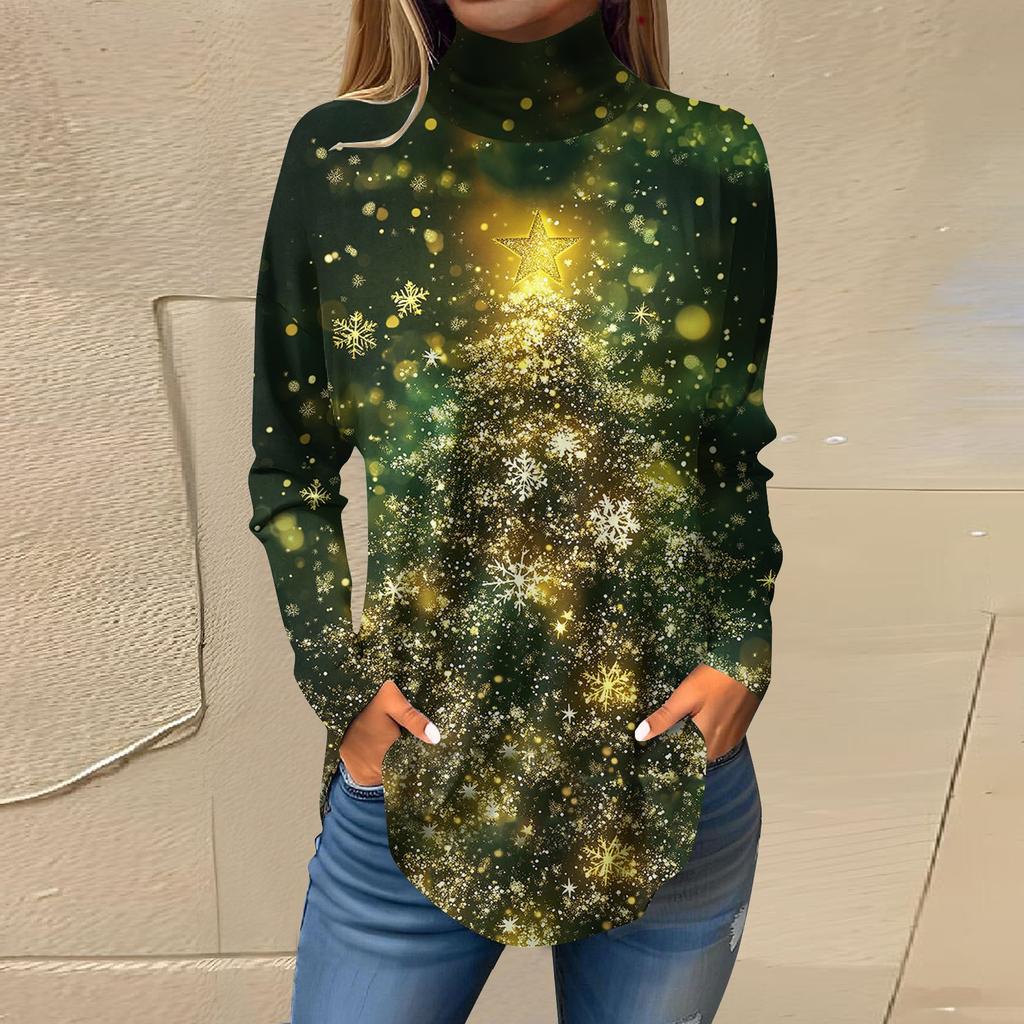 Женская модная повседневная футболка с длинным рукавом с высоким воротом и принтом, пуловер, топ