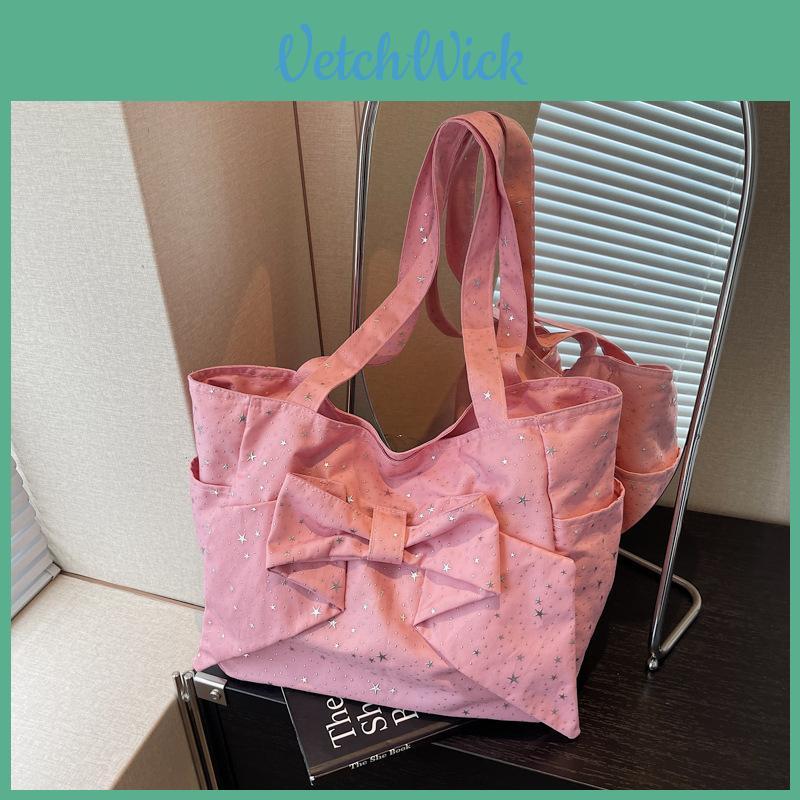 Womens Canvas Shoulder Bag With Bow Design Star Pattern For Daily Commuting