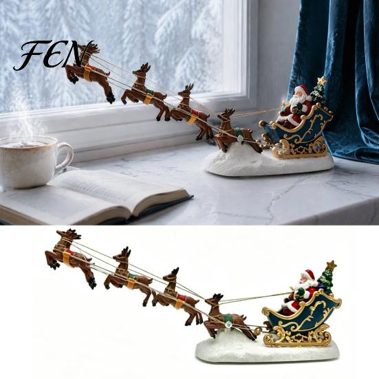 Colorful LED Holiday Lights Christmas Deer Pulling Sled Figurine, Santa Reindeer Scene Decor with Lighted Sleigh Lights, Tabletop Centerpieces
