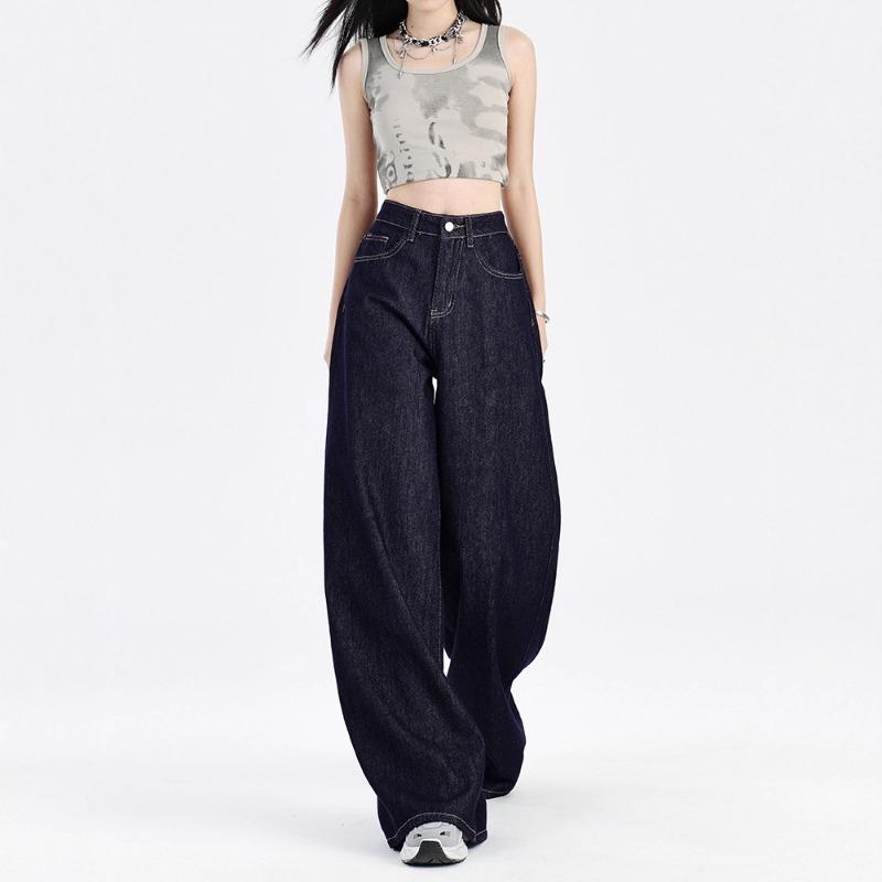 Women High Waist Wide Leg Loose Fleece Lined Denim Floor Length Jeans