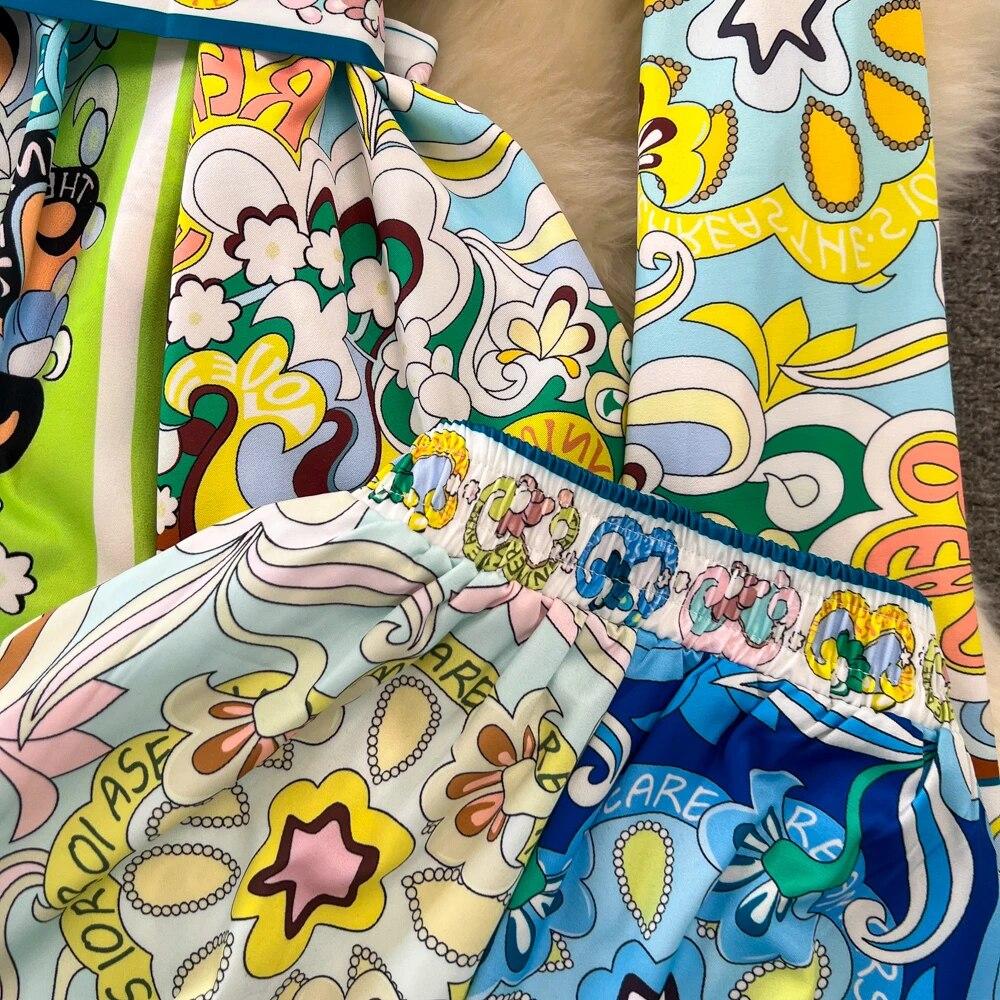 Runway Designer Vintage Pant Two Piece Set for Women Cyanotype Printed Blazer Shirt Trousers Suit