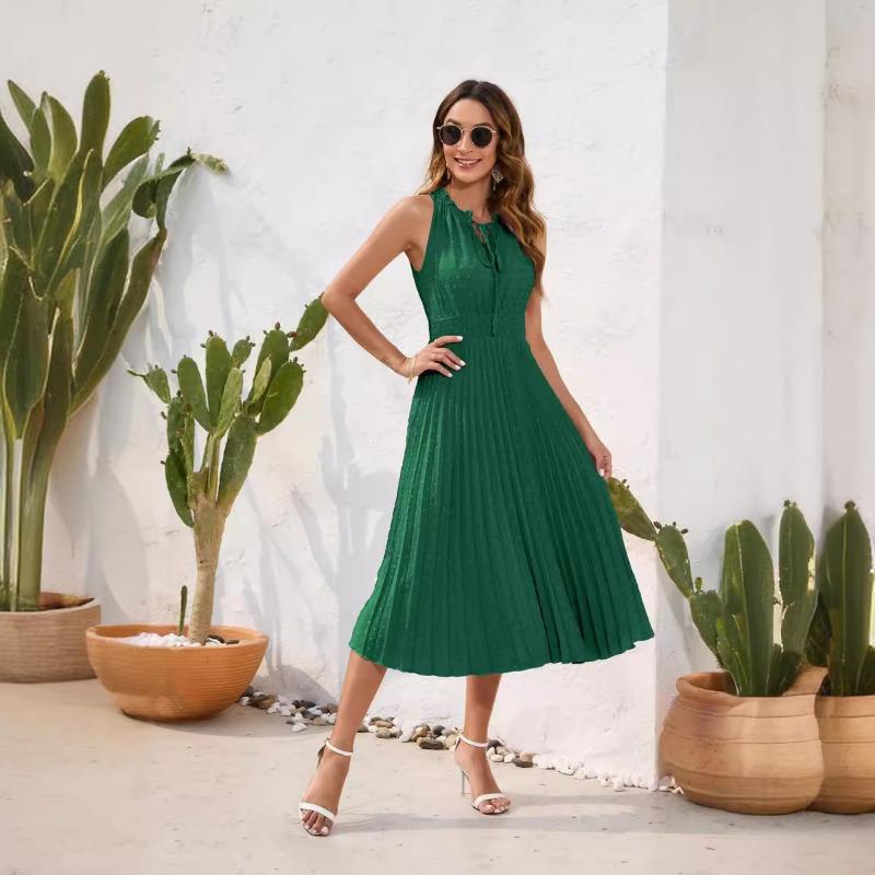 Tie High Waist Pressure Pleated Sleeveless Summer Casual Vacation Travel Dresses
