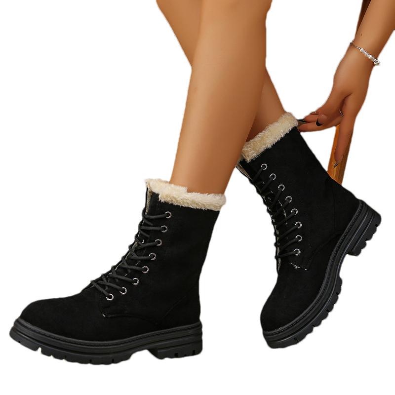 Ботильоны женские меховые зимние замшевые короткие плюшевые хлопковые туфли на среднем каблуке со шнуровкой 2025 года, теплые нескользящие зимние ботинки женские