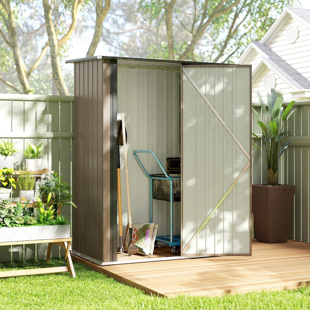 Metal Tool Shed with Sloping Roof and Lockable Door, 142x86x189 cm, Brown