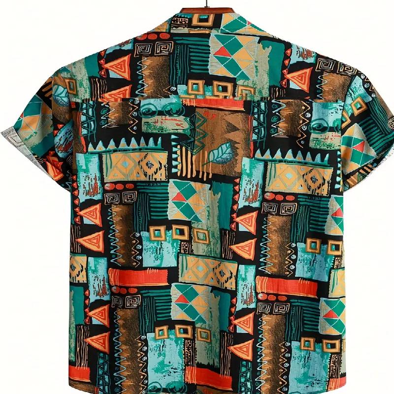 Летняя удобная мужская рубашка с короткими рукавами с 3D-цифровым принтом и модным дизайном пуговиц, подходящая для активного отдыха и отдыха на пляже
