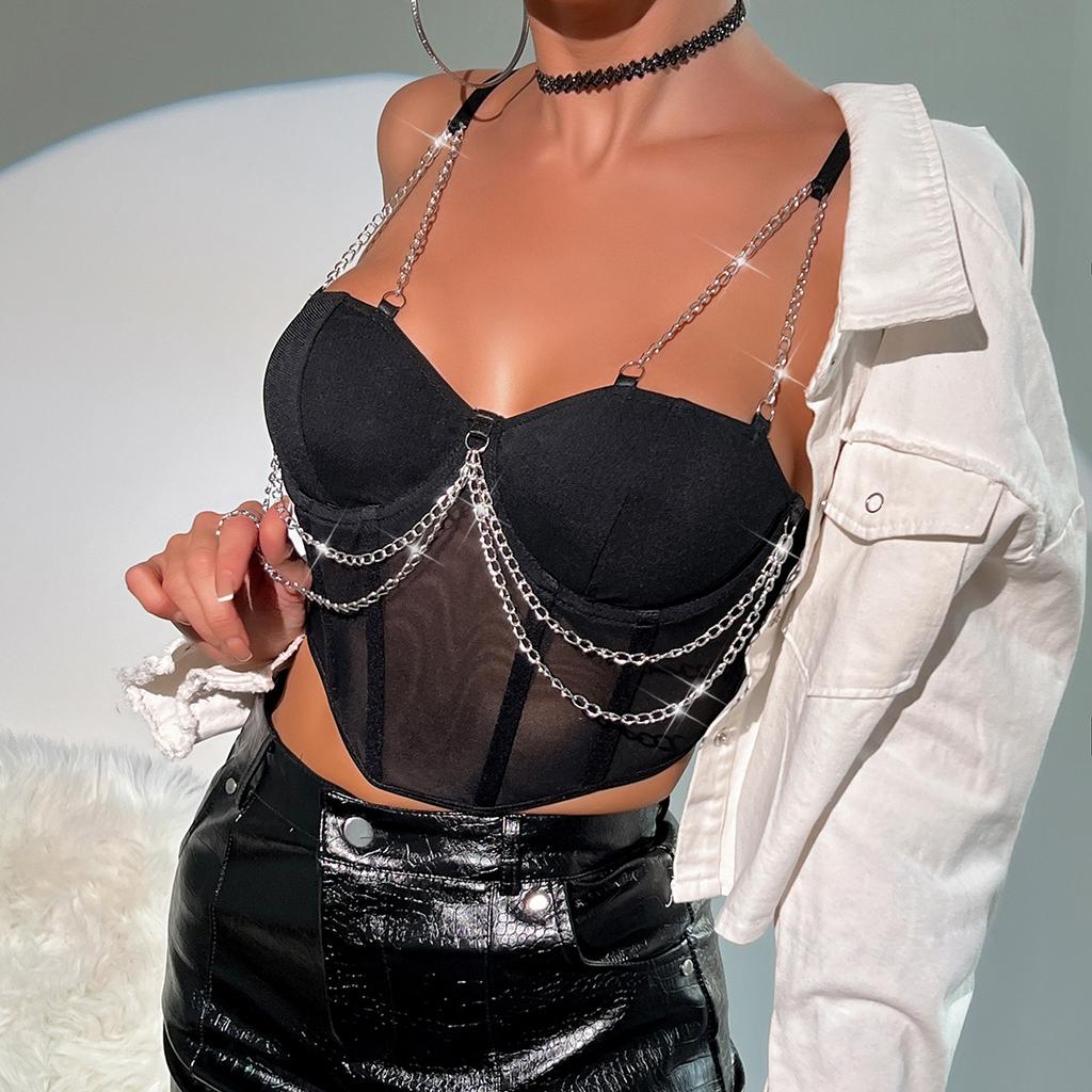 Women's See Through Mesh Spliced Metal Chain Spice Girls Fishbone Short Top