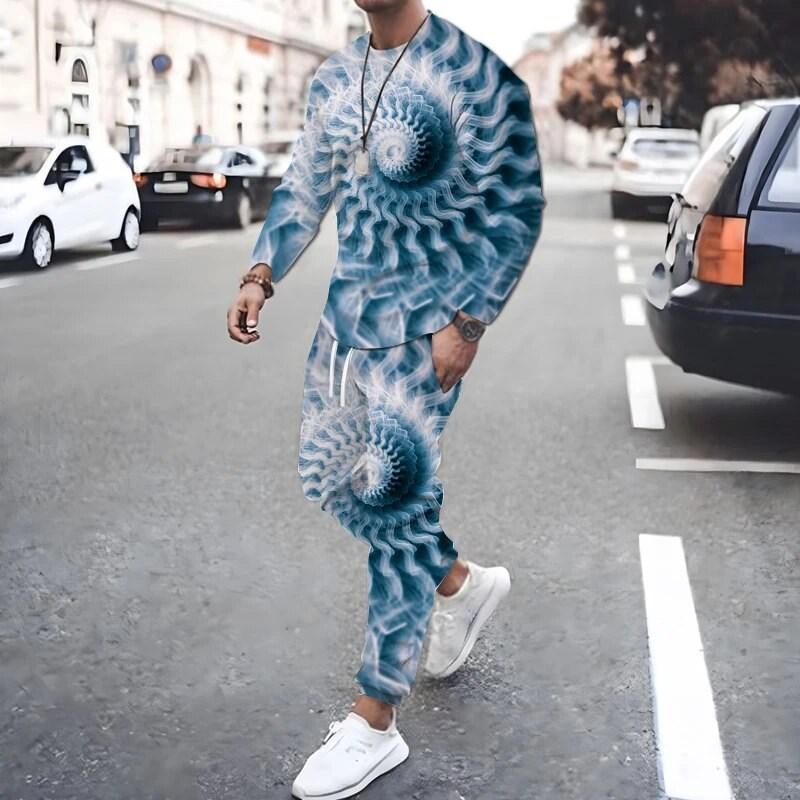 New Fashion Men's Two-piece Sportswear 3D Printed Long Sleeved T-shirt Set Street Casual Two-piece Men's T-shirt Set