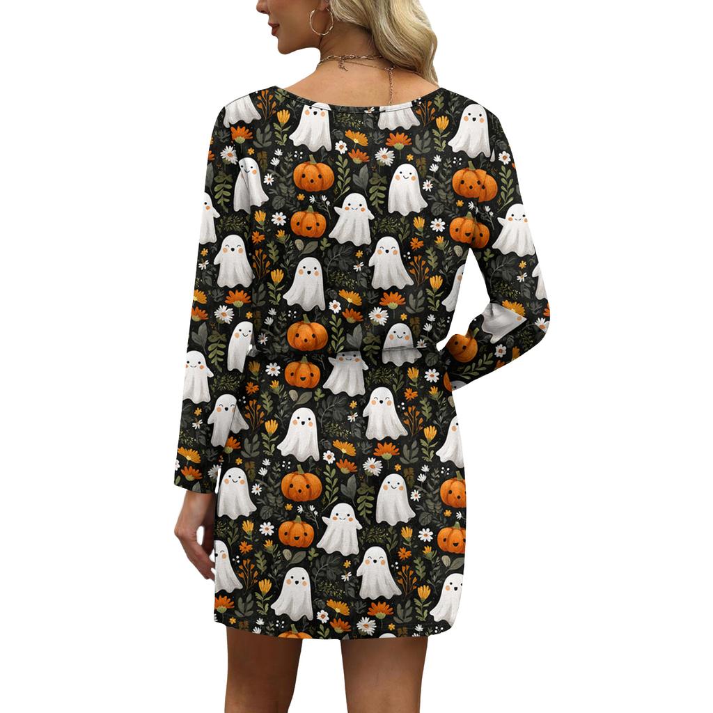 Women's Fashionable V-neck Long Sleeved Drawstring With Pocket Halloween Printed Casual Dress
