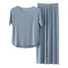 2Pcs/Set Women Pajamas Seamless Ice Silk Round Neck Short Sleeve Solid Color Elastic Waist Wide Leg Loose Soft Breathable Homewear Top Pants Set