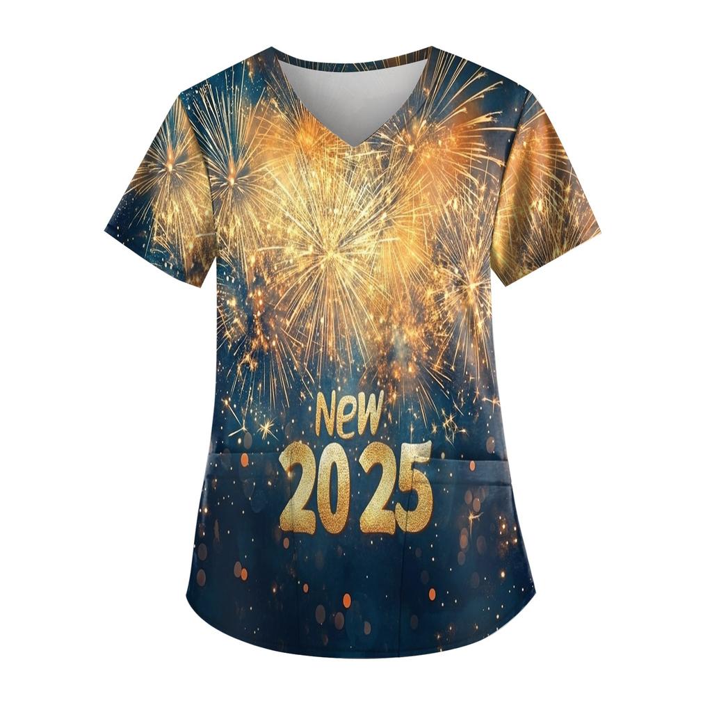 Women's Fashion New Year Printed Short Sleeve V-Neck Top Small Pocket Work T-Shirt
