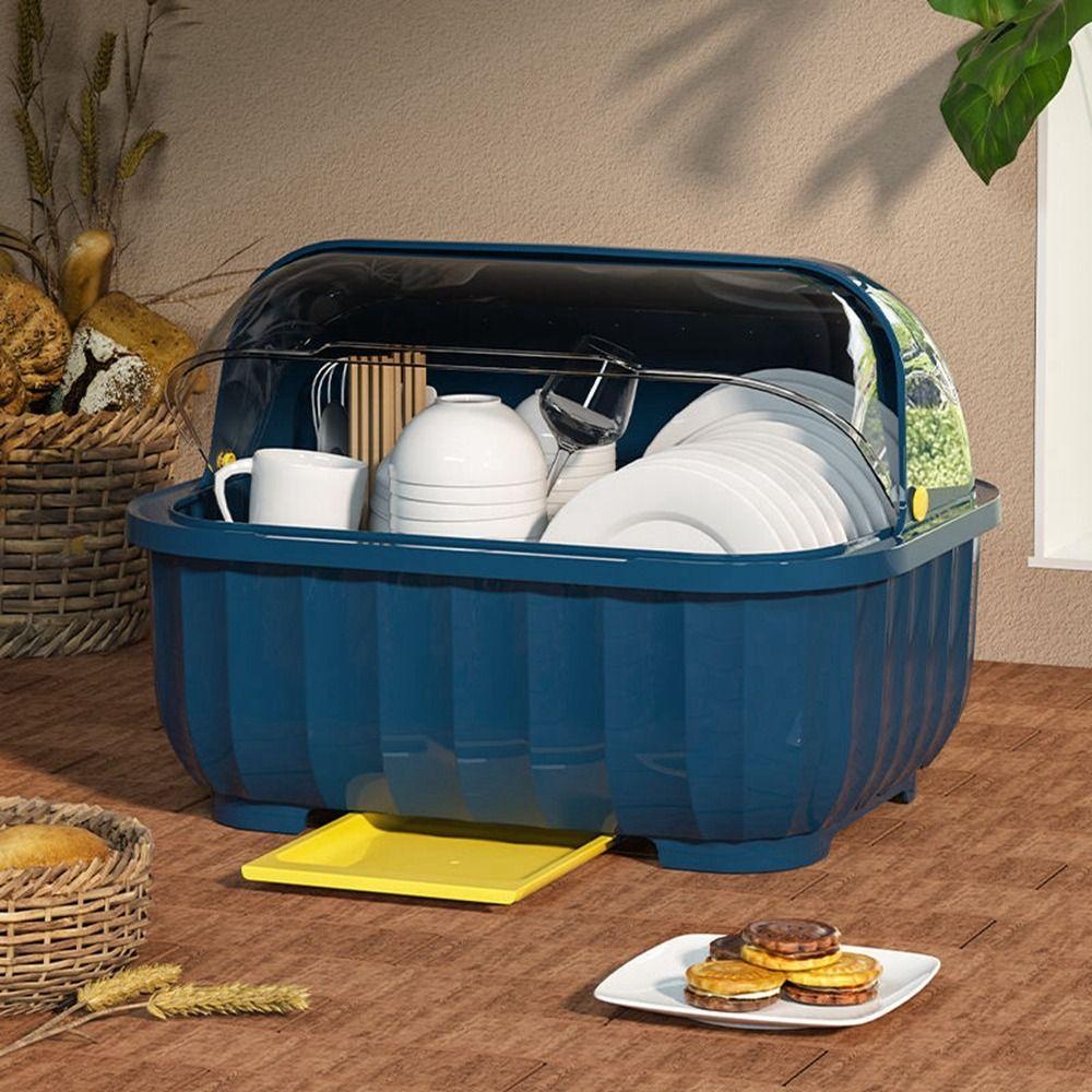 Cupboard Dust Proof Semi-flip Cover Bowl Storage Plate Holder Drain Rack Dish Rack Storage Box