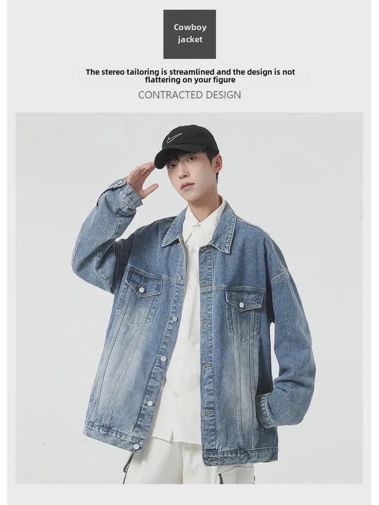 Осень/Зима 2023 Мужская джинсовая куртка свободного кроя - Модная верхняя одежда с лацканами и пуговицами