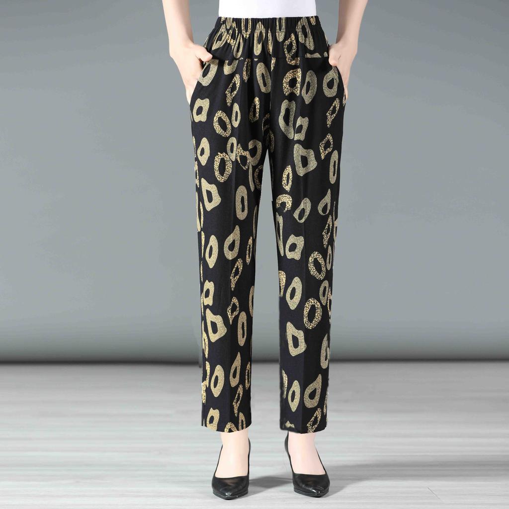 Summer Middle-aged and Elderly Women's Cropped Pants High Waist Elastic Oversized Pants Middle-aged Women's Floral Pants