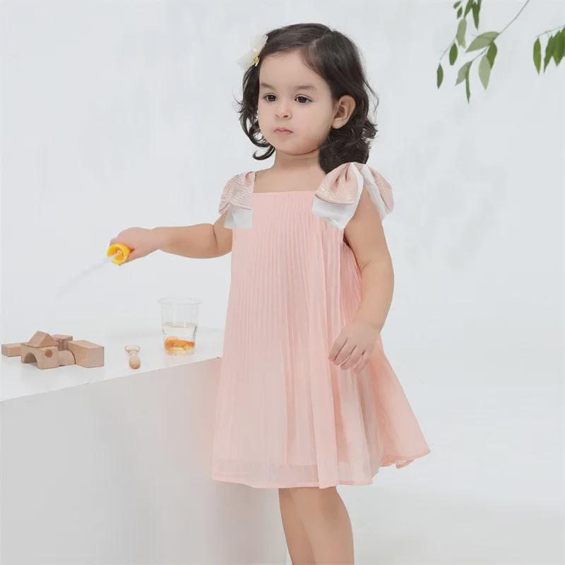 Pleated Chiffon Summer Princess Dress with Big Bow for Girls