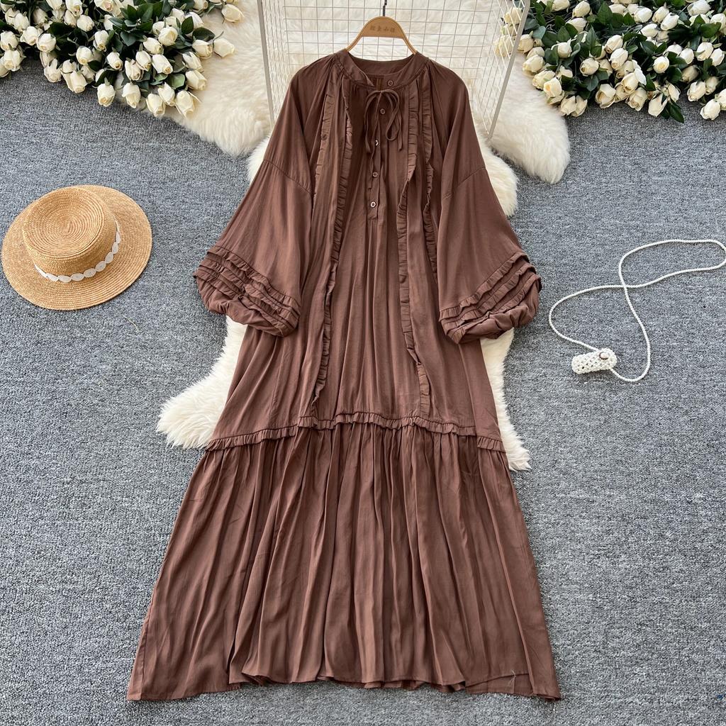 Винтажное однобортное платье с круглым вырезом на шнуровке, модное, с длинными рукавами, элегантное, свободное, с оборками, корейская женская одежда High Street
