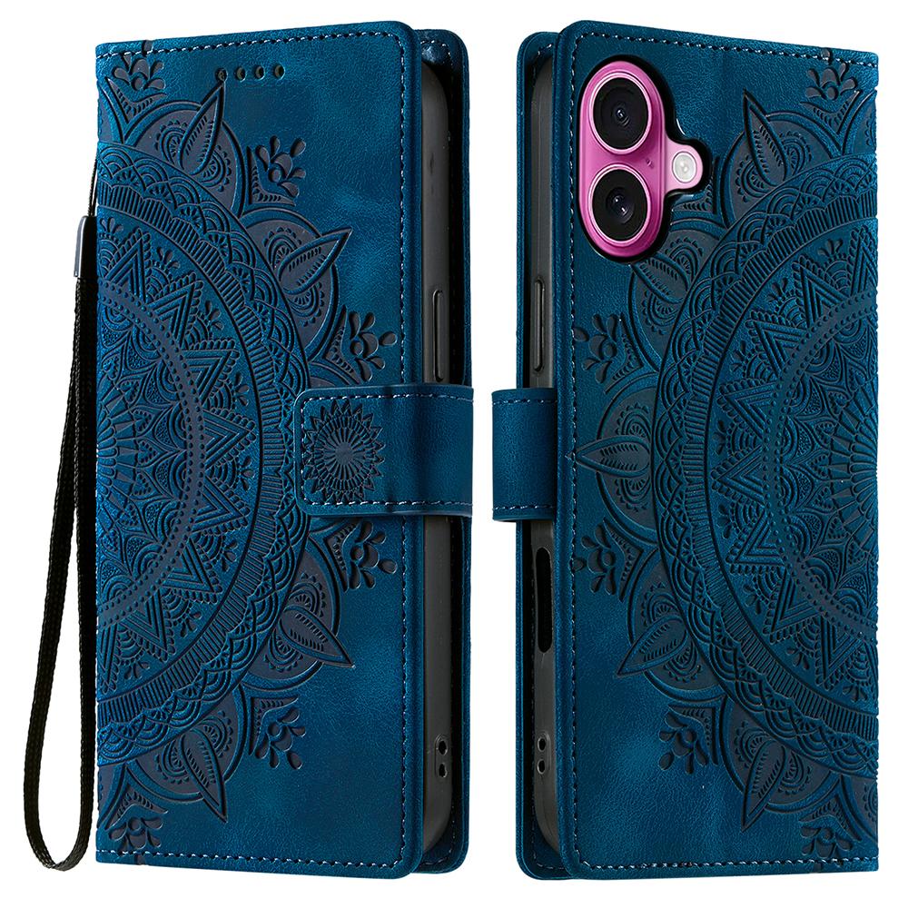 Style 018 For iPhone 16 Case Imprinted Totem Skin Feel Wallet Leather Phone Cover - Grey