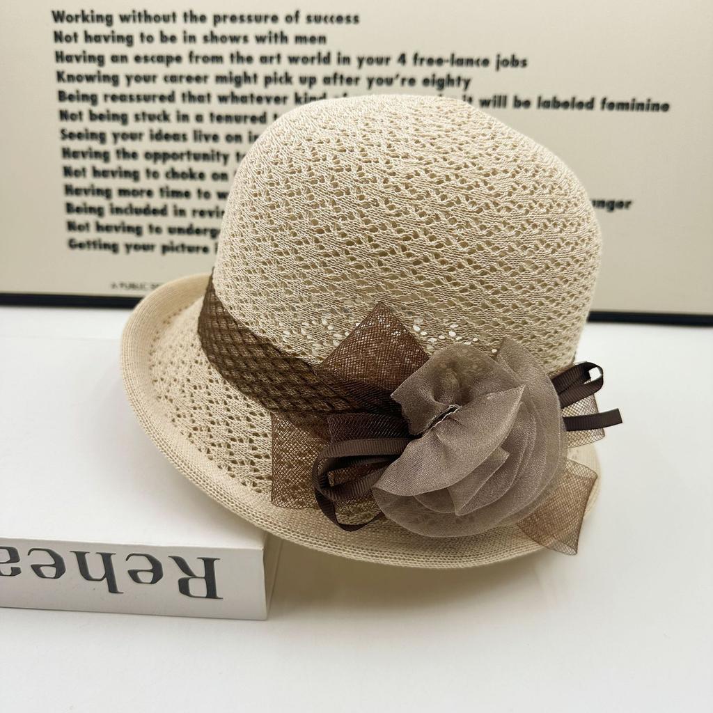 Hollow knitted bucket hat women's spring and summer breathable sunshade basin hat pearl flower decoration showing face versatile hat